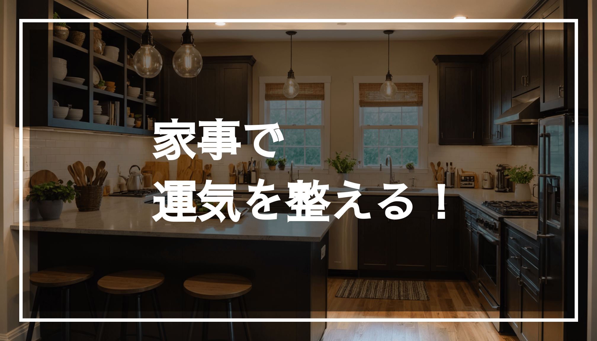 心地よい雰囲気の整ったリビングと清潔なキッチンが描かれ、家事から得られるポジティブなエネルギーを感じる空間。