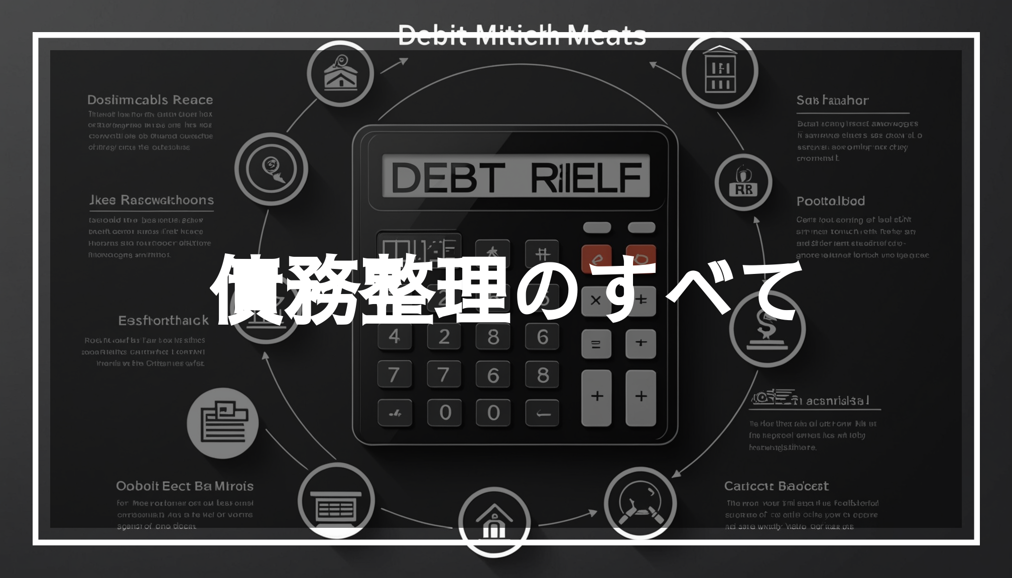 債務整理の手続きに関する画像。スケールや電卓、開いたドアを背景に、借金解決のための金融ガイダンスを象徴している