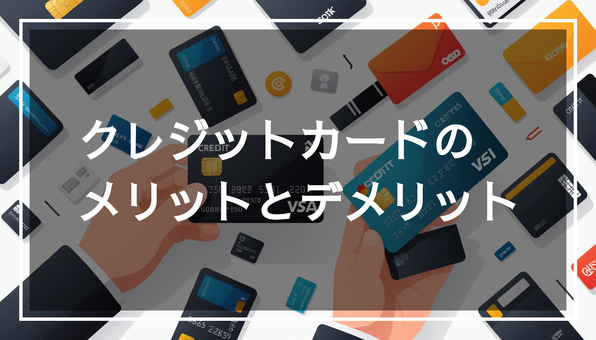 クレジットカードのメリットとデメリットを示すイラスト。ショッピングやデジタル決済の要素が含まれ、中央に透明度60%の黒帯があるデザイン