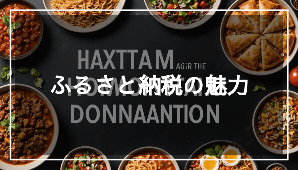 ふるさと納税の魅力を表現した画像。地域の特産品とコミュニティの交流を描き、寄附の重要性を伝える。