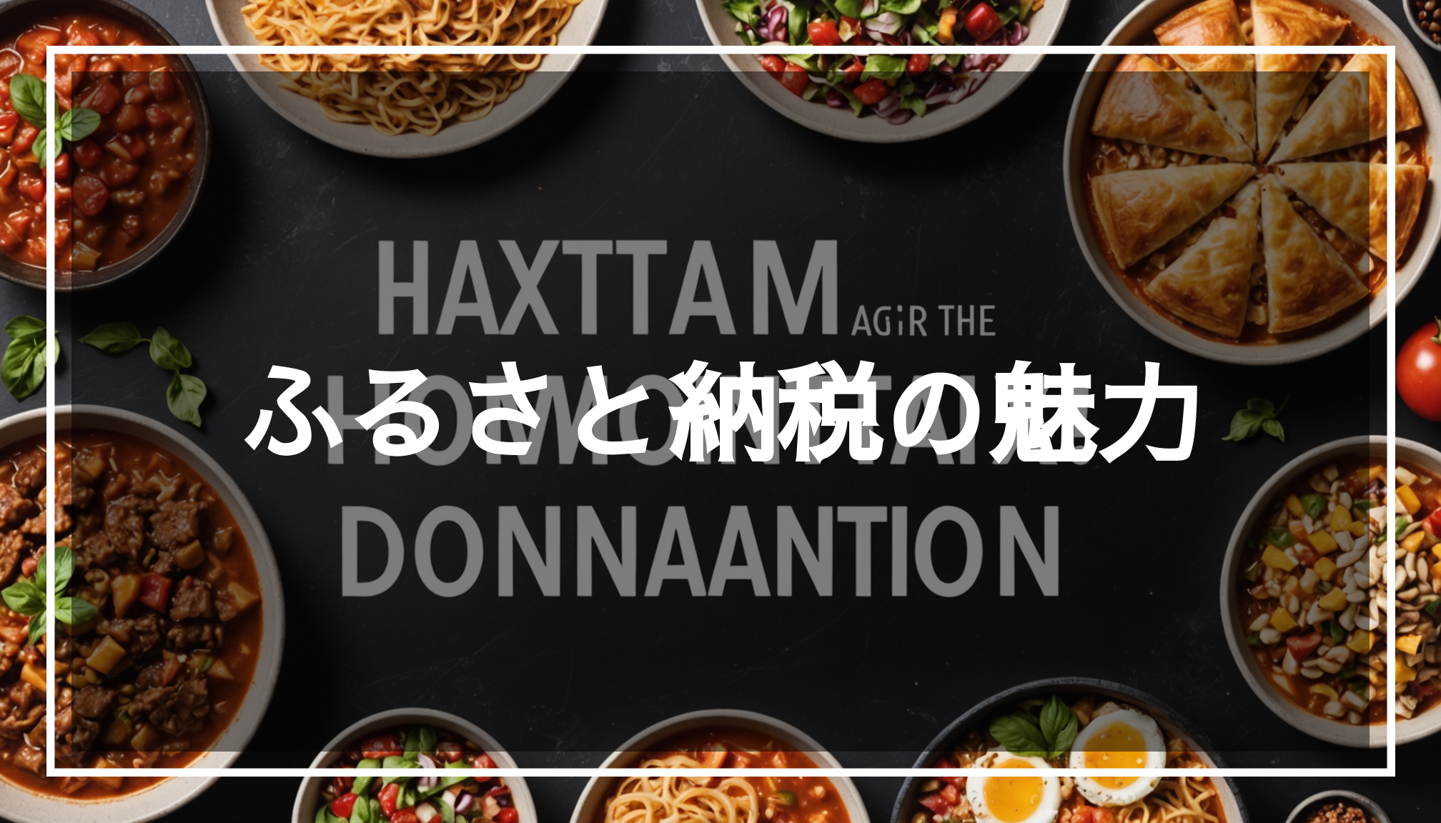 ふるさと納税の魅力を表現した画像。地域の特産品とコミュニティの交流を描き、寄附の重要性を伝える。