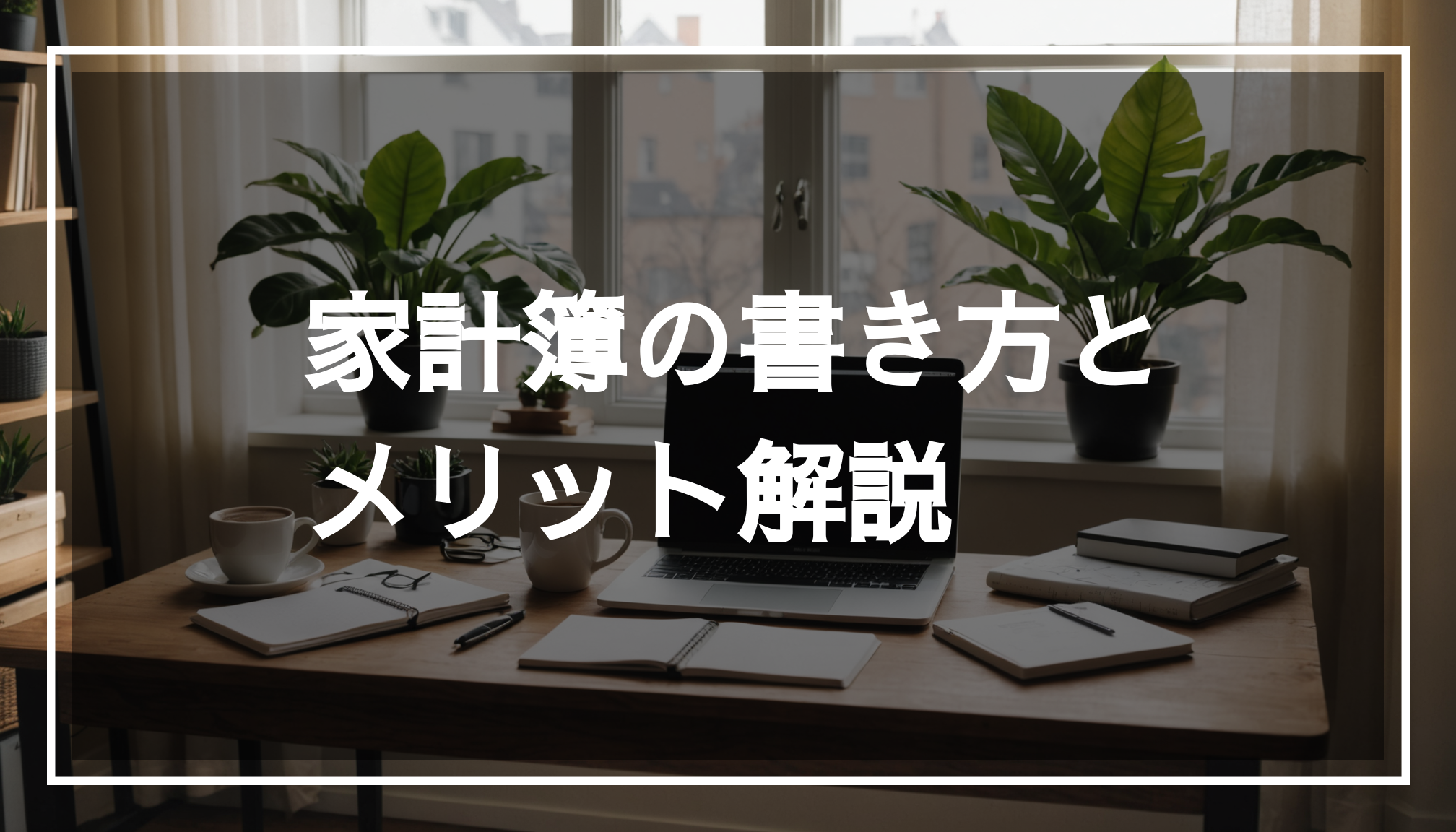 居心地の良いホームオフィスの写真。デスクにノートパソコンとノート、コーヒーカップが置かれ、温かい雰囲気の中で家計簿をつける準備が整っている様子。
