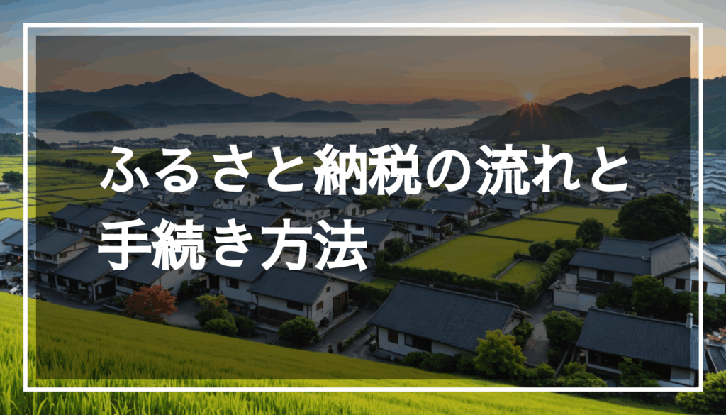 美しい風景と地域の特産品を背景に、ふるさと納税の概念を表現した画像。地域の寄附活動やコミュニティのつながりを感じさせる様子。