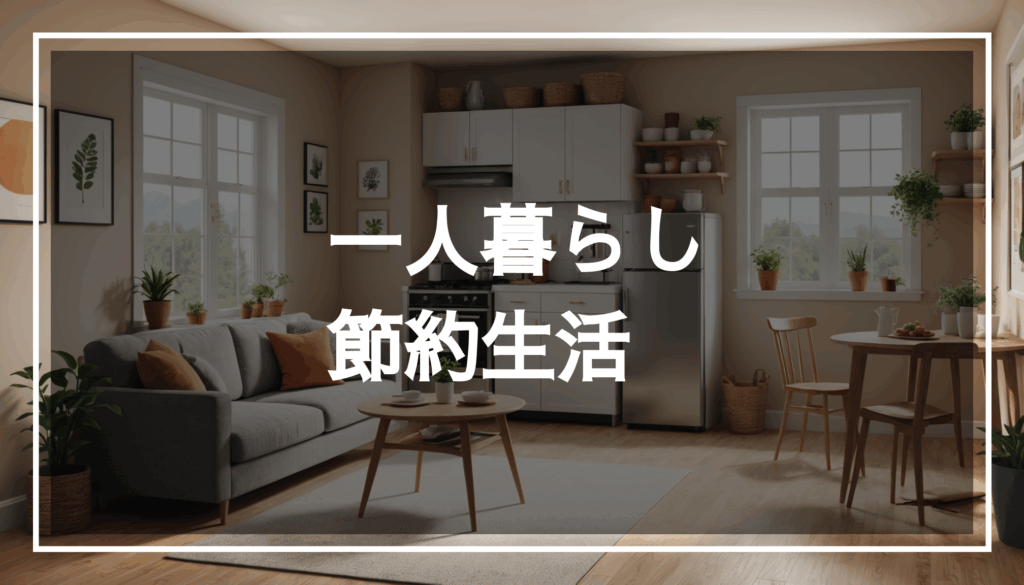 シンプルで快適な一人暮らしの部屋の写真。小さなキッチンや節約を意識したダイニングエリアがあり、無駄遣いを抑えた生活費の見直しが感じられる。