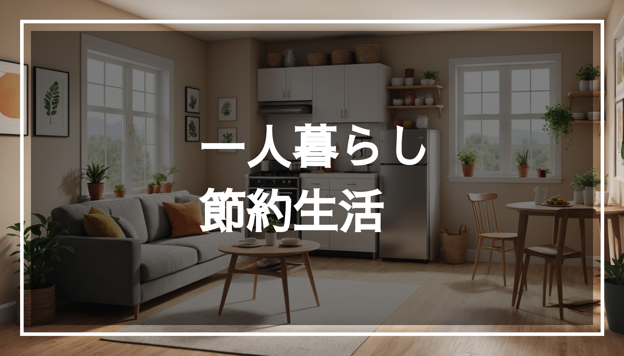 シンプルで快適な一人暮らしの部屋の写真。小さなキッチンや節約を意識したダイニングエリアがあり、無駄遣いを抑えた生活費の見直しが感じられる。