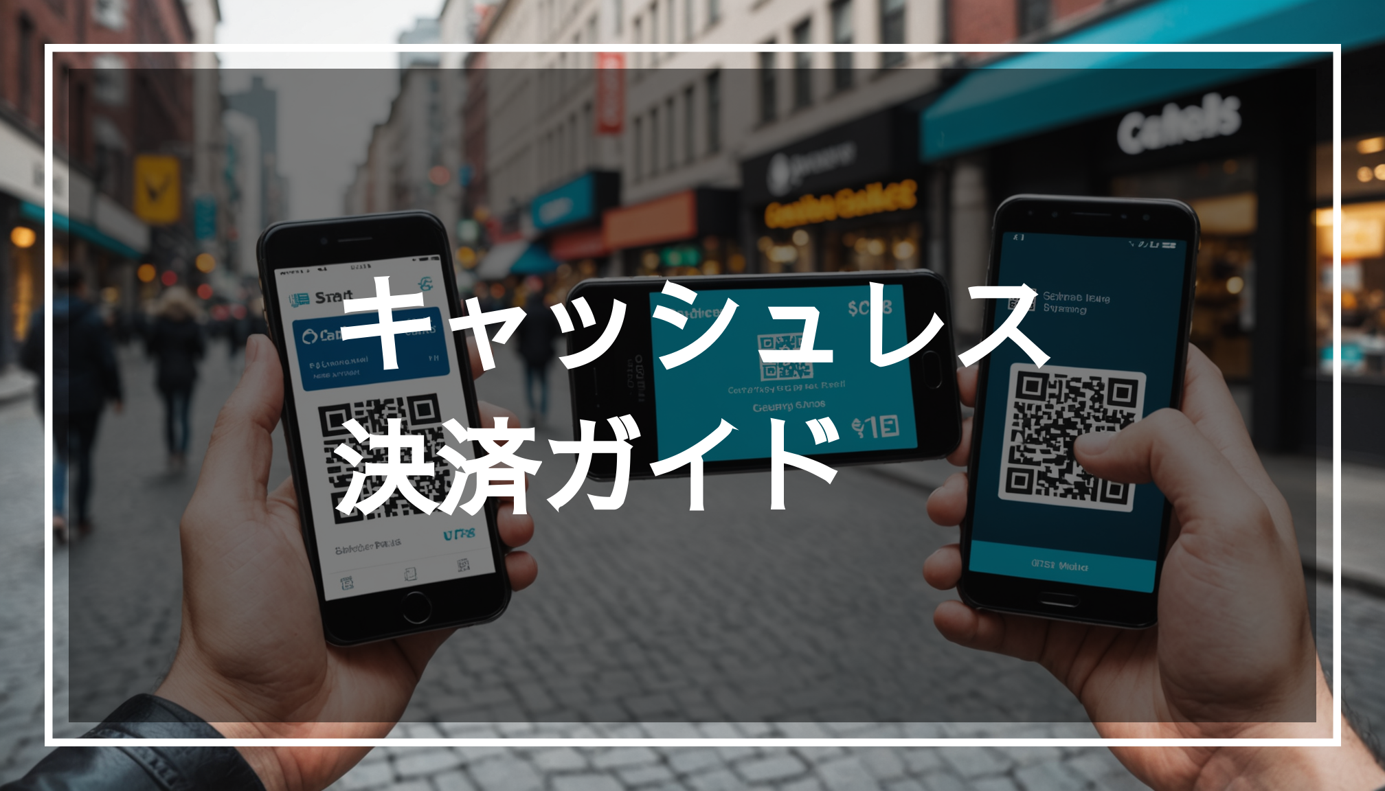 都市のキャッシュレス決済のシーン。スマホを使ってQRコード決済を行っている人々の様子が描かれています