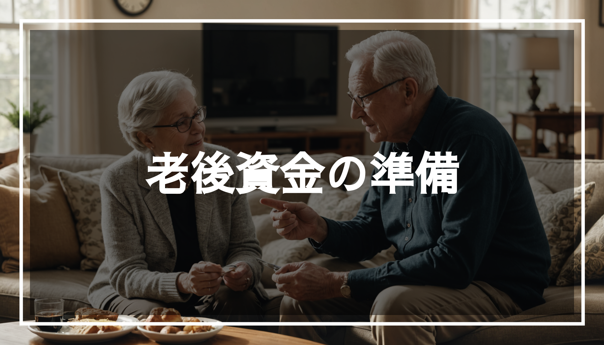 老後資金について話し合う夫婦の写真。居心地の良いリビングルームで、生活費の計算をしている様子。