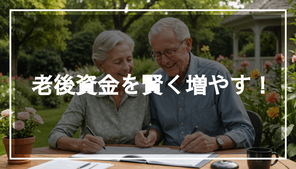 穏やかな老後資金の生活を楽しむ60代の夫婦が自然を満喫し、テーブルには年金や平均貯蓄額に関する書類が置かれた美しい庭の写真