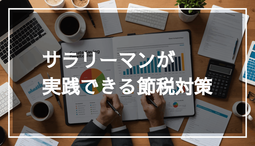 サラリーマン向けの節税戦略を示す画像で、プロフェッショナルな設定の中にチャートや計算機、資金管理ツールが描かれています