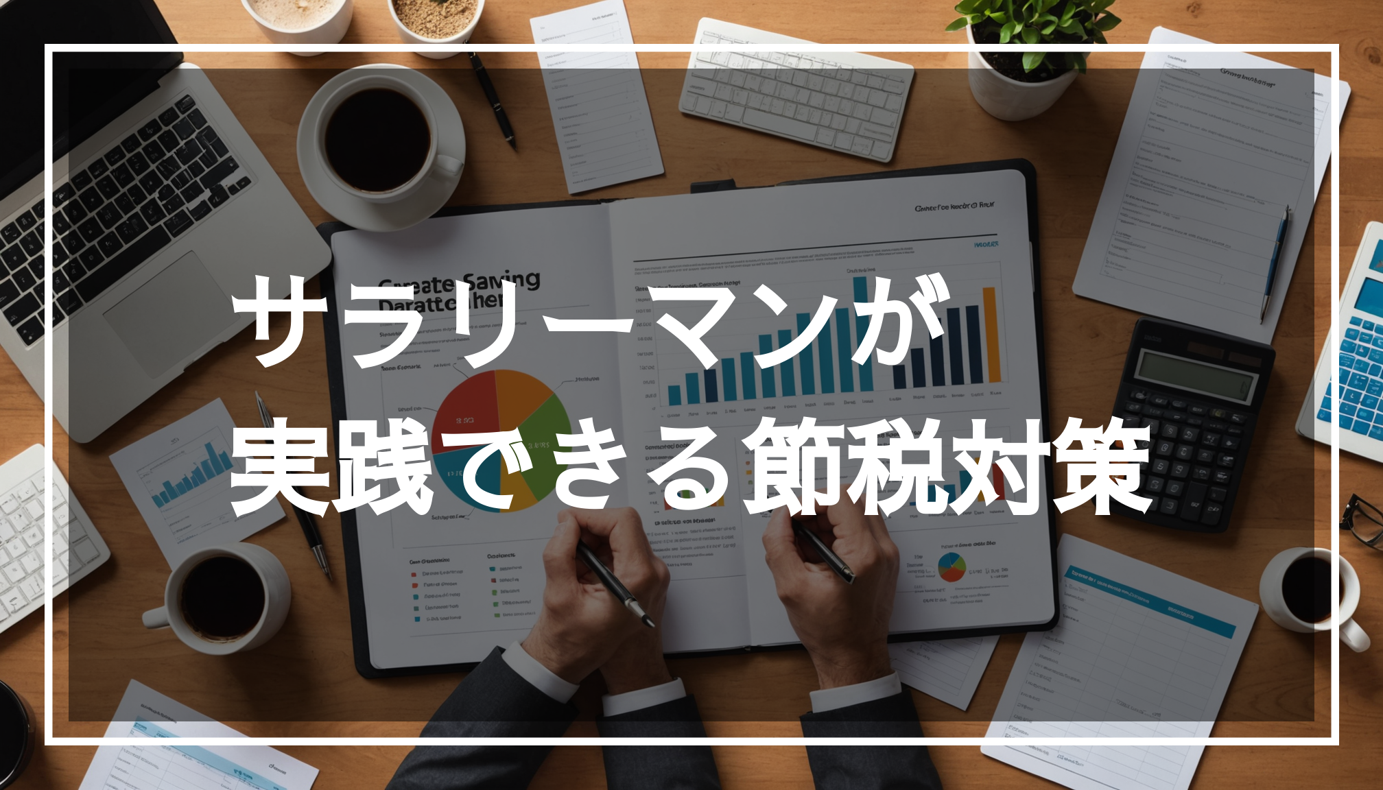 サラリーマン向けの節税戦略を示す画像で、プロフェッショナルな設定の中にチャートや計算機、資金管理ツールが描かれています