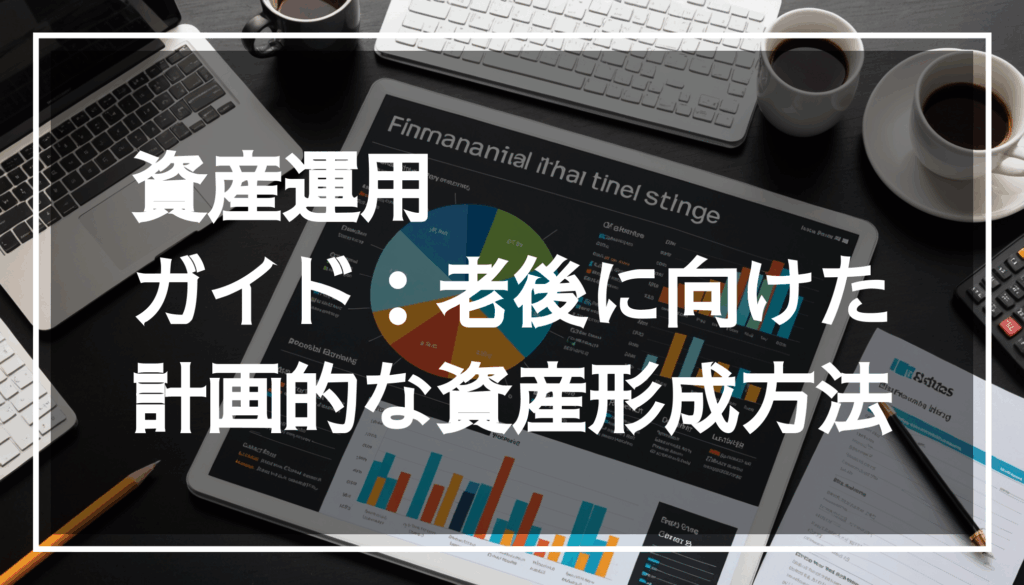 40代のための資産運用と投資戦略を示す画像。チャートやお金、穏やかな背景が描かれ、中央にはテキスト用の透明な黒帯があります。