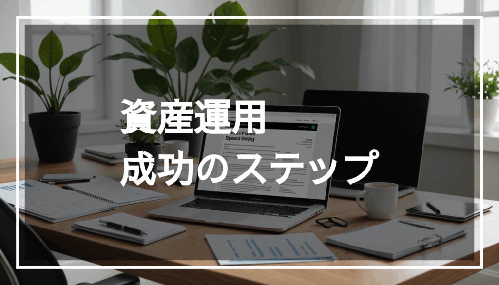 50代のための穏やかな資産運用シーン。静かなオフィスで、金融書類やノートパソコン、観葉植物が配置されている様子
