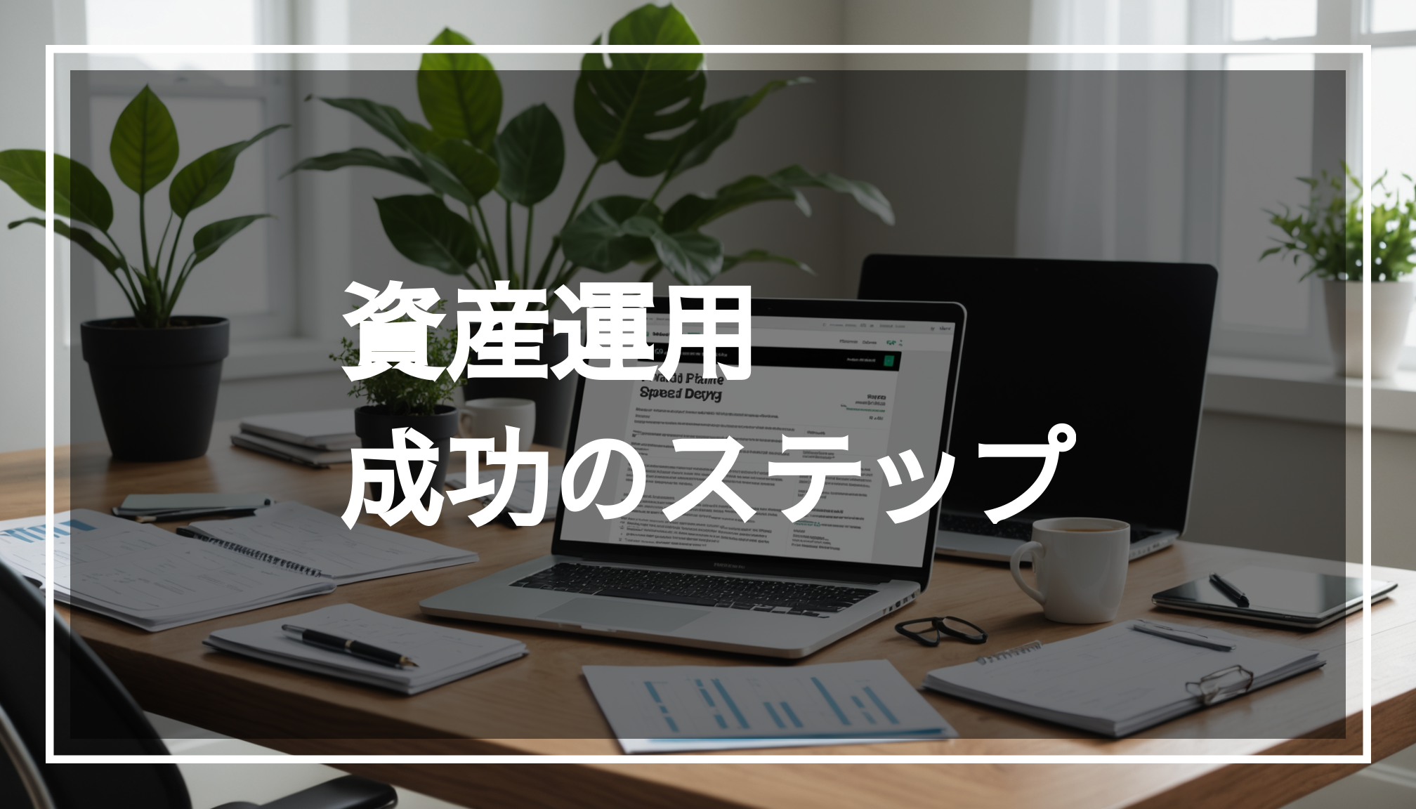 50代のための穏やかな資産運用シーン。静かなオフィスで、金融書類やノートパソコン、観葉植物が配置されている様子