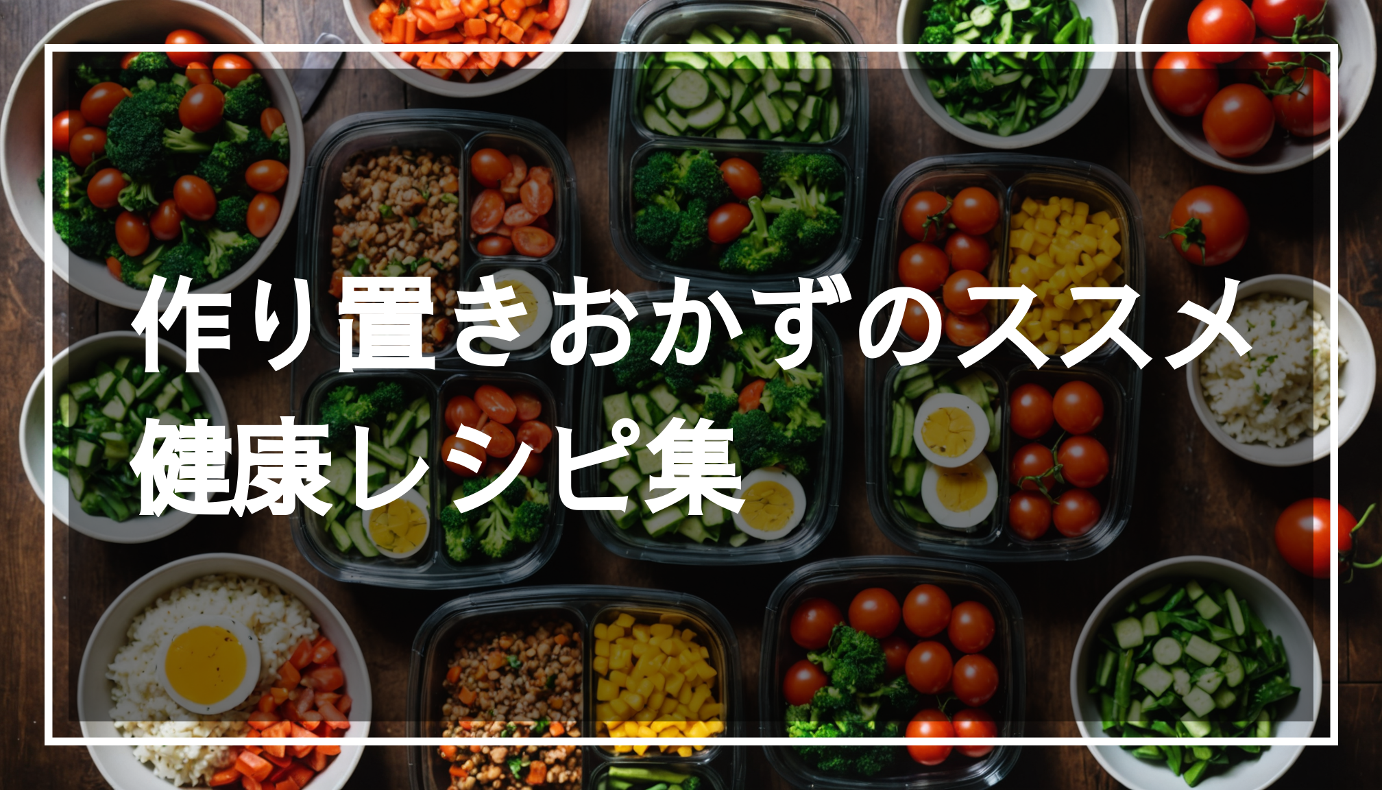 木製のキッチンテーブルに並ぶカラフルな作り置きおかずや新鮮な野菜の写真。冷蔵保存しやすい容器に入れた常備菜が美しく盛り付けられている様子。