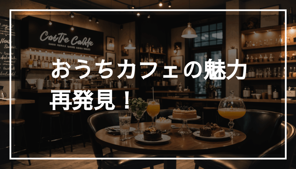 おしゃれなおうちカフェの写真。スタイリッシュなドリンクとスイーツが並び、温かい照明の中でリラックスした雰囲気を楽しんでいる様子。