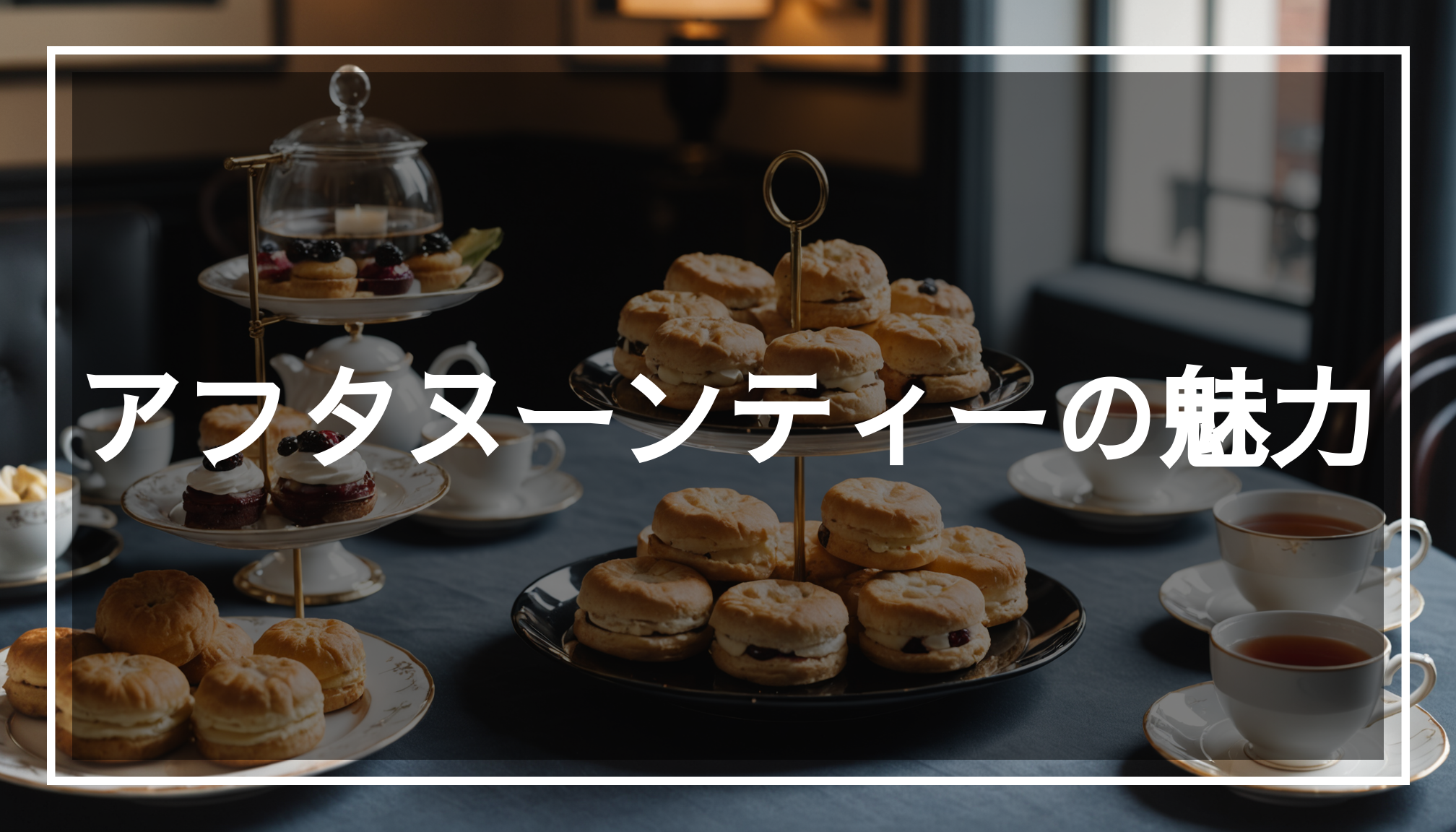 アフタヌーンティーのセッティング写真。美しいアフタヌーンティースタンドにスイーツやスコーンが並ぶ、スタイリッシュなホテルの雰囲気。