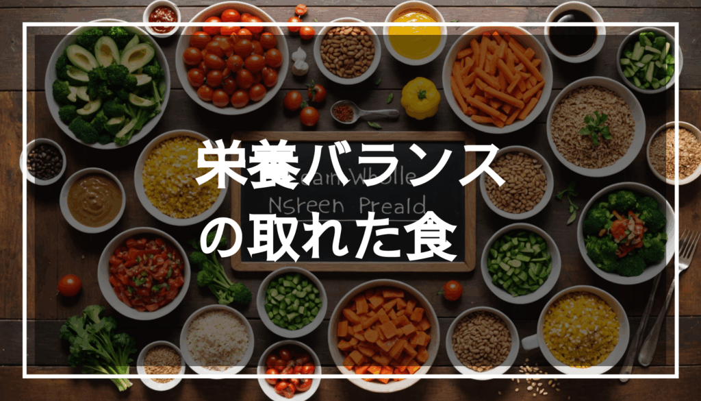 色とりどりの野菜やたんぱく質、全粒穀物を美しく盛り付けた栄養バランスの取れた食事の写真。健康的な食生活を意識した献立を提案しています。
