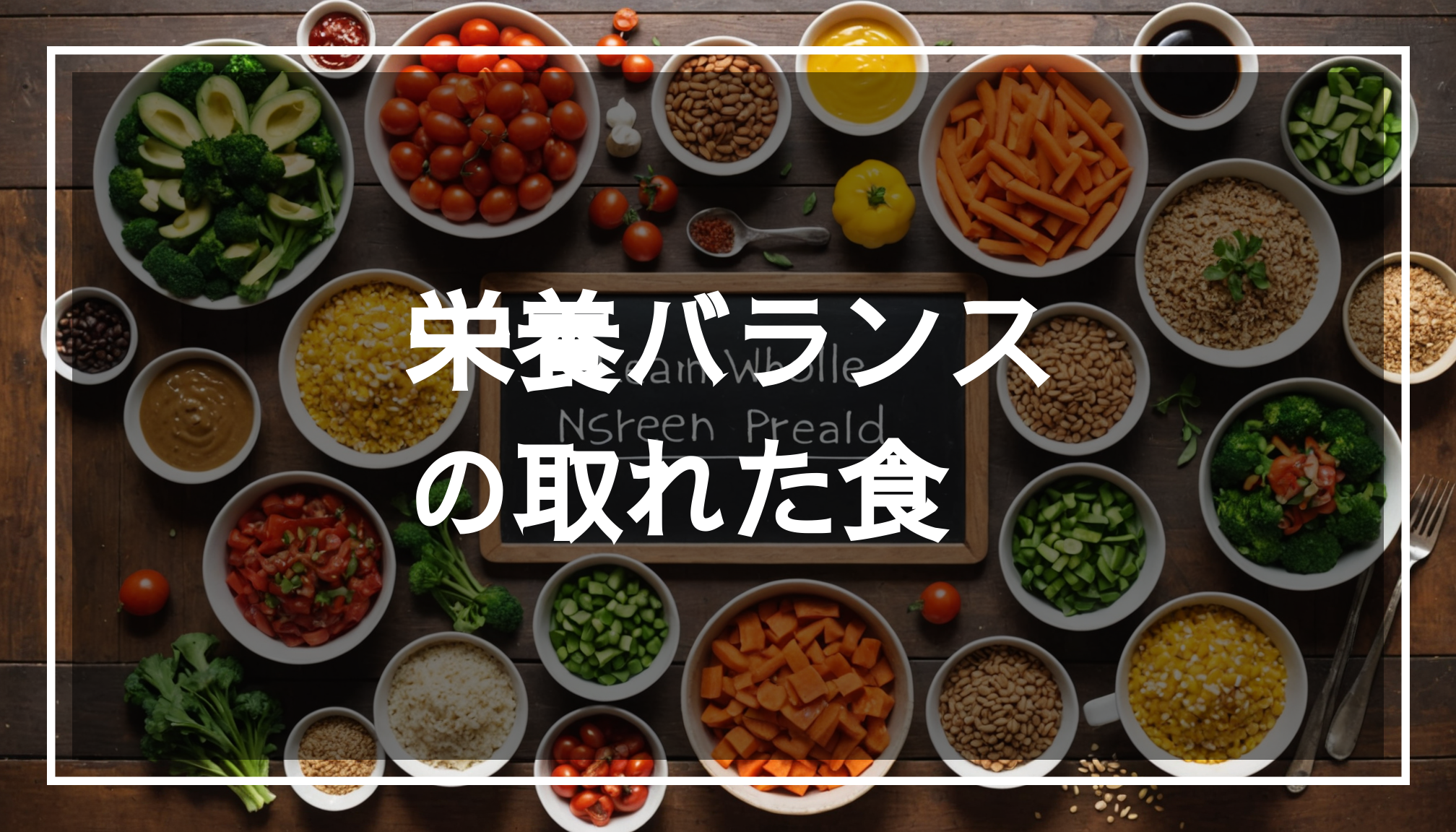 色とりどりの野菜やたんぱく質、全粒穀物を美しく盛り付けた栄養バランスの取れた食事の写真。健康的な食生活を意識した献立を提案しています。