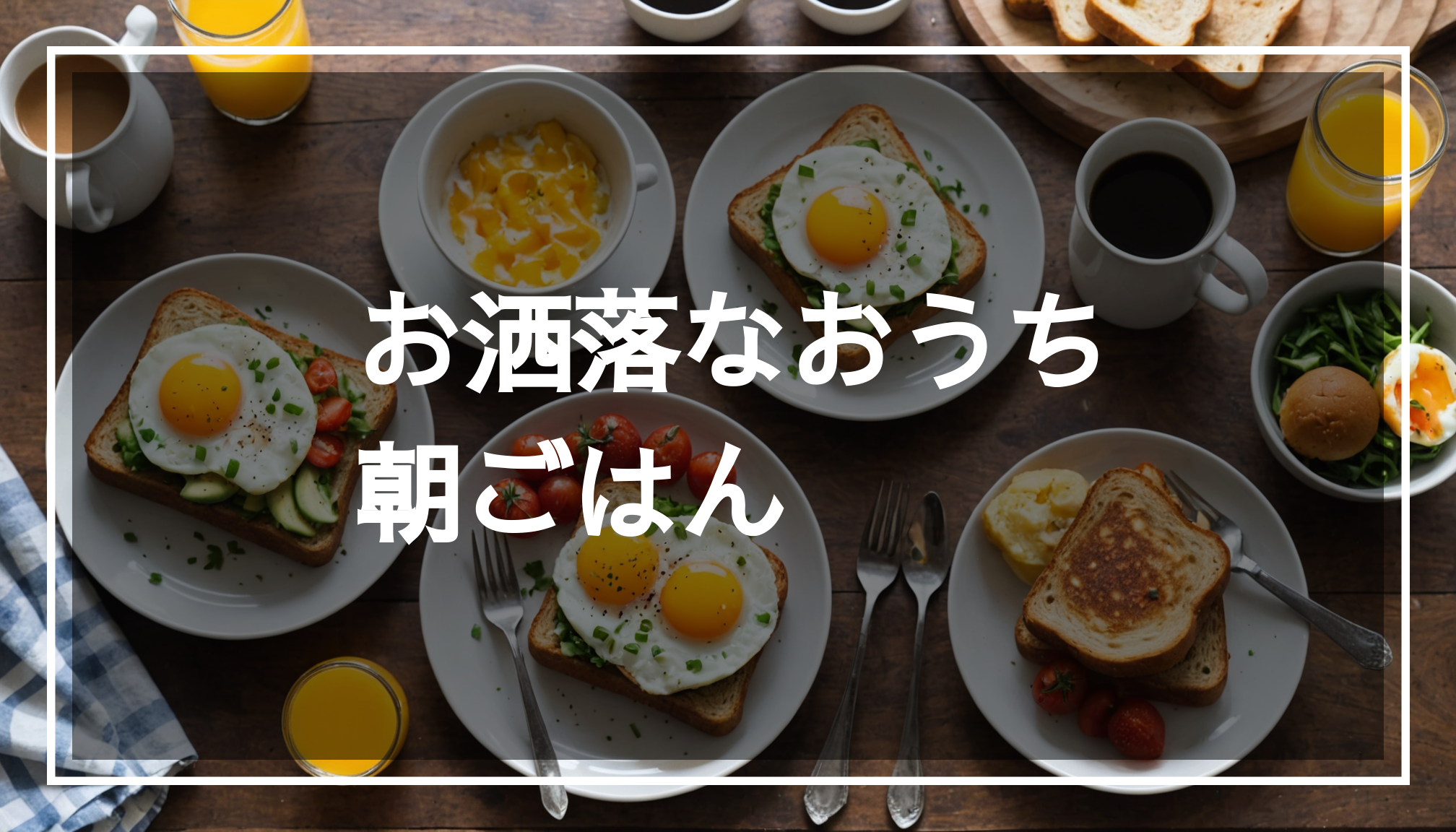 忙しい朝にぴったりな朝ごはんのレシピ。トーストや卵、おにぎり、サンドイッチを使ったスタイリッシュな料理が並ぶ温かみのあるキッチンの様子。