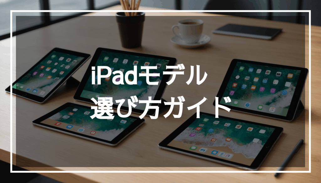 現代的なデスクに並べられた様々なiPadモデルの写真。デザインやカラーが際立っており、視覚的に楽しめる様子