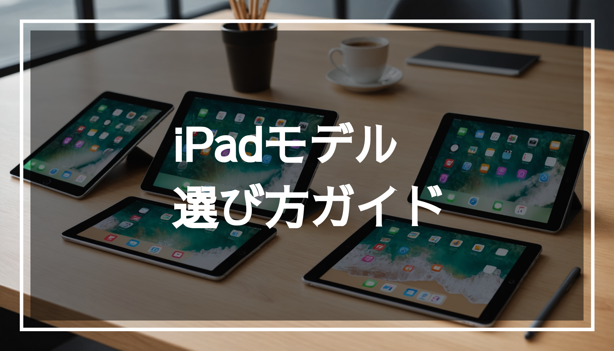 現代的なデスクに並べられた様々なiPadモデルの写真。デザインやカラーが際立っており、視覚的に楽しめる様子