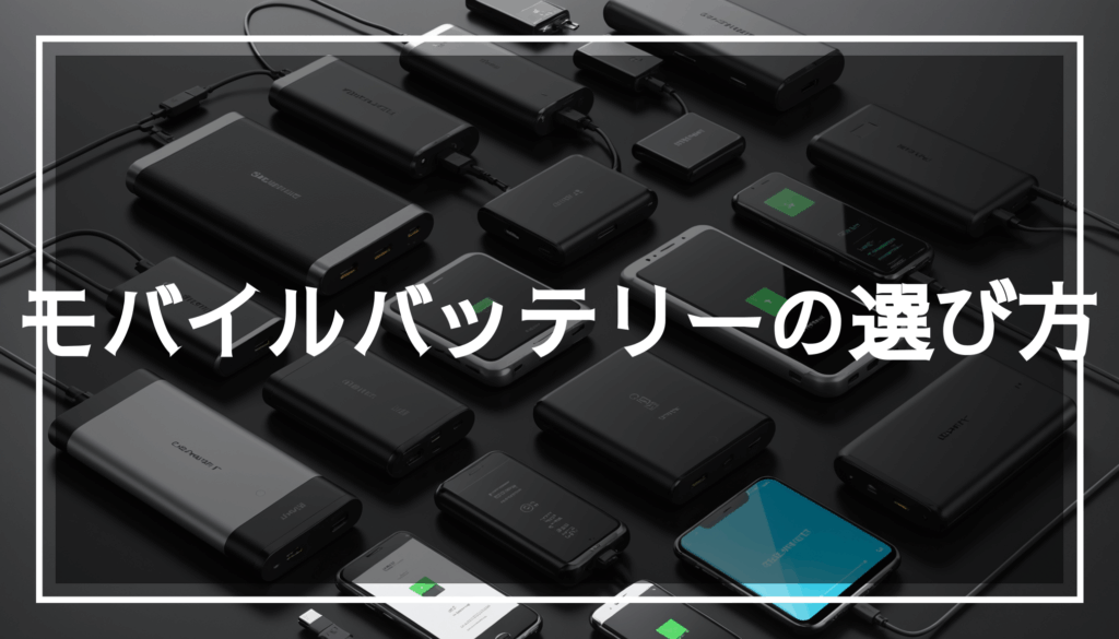 様々なデザインのモバイルバッテリーが並び、USBやType-Cポートを備えた急速充電機能を強調した現代的な背景の写真。