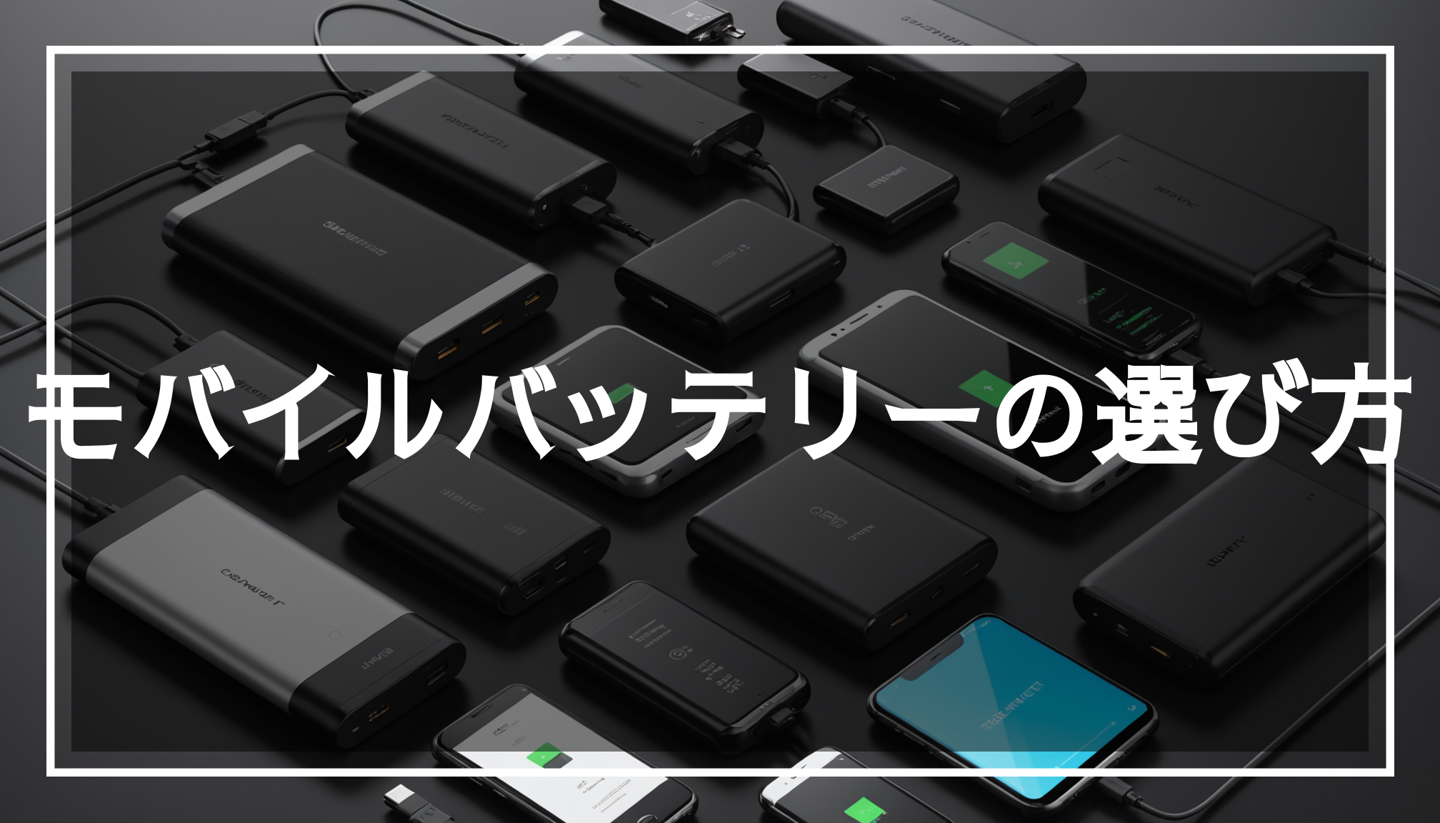 様々なデザインのモバイルバッテリーが並び、USBやType-Cポートを備えた急速充電機能を強調した現代的な背景の写真。