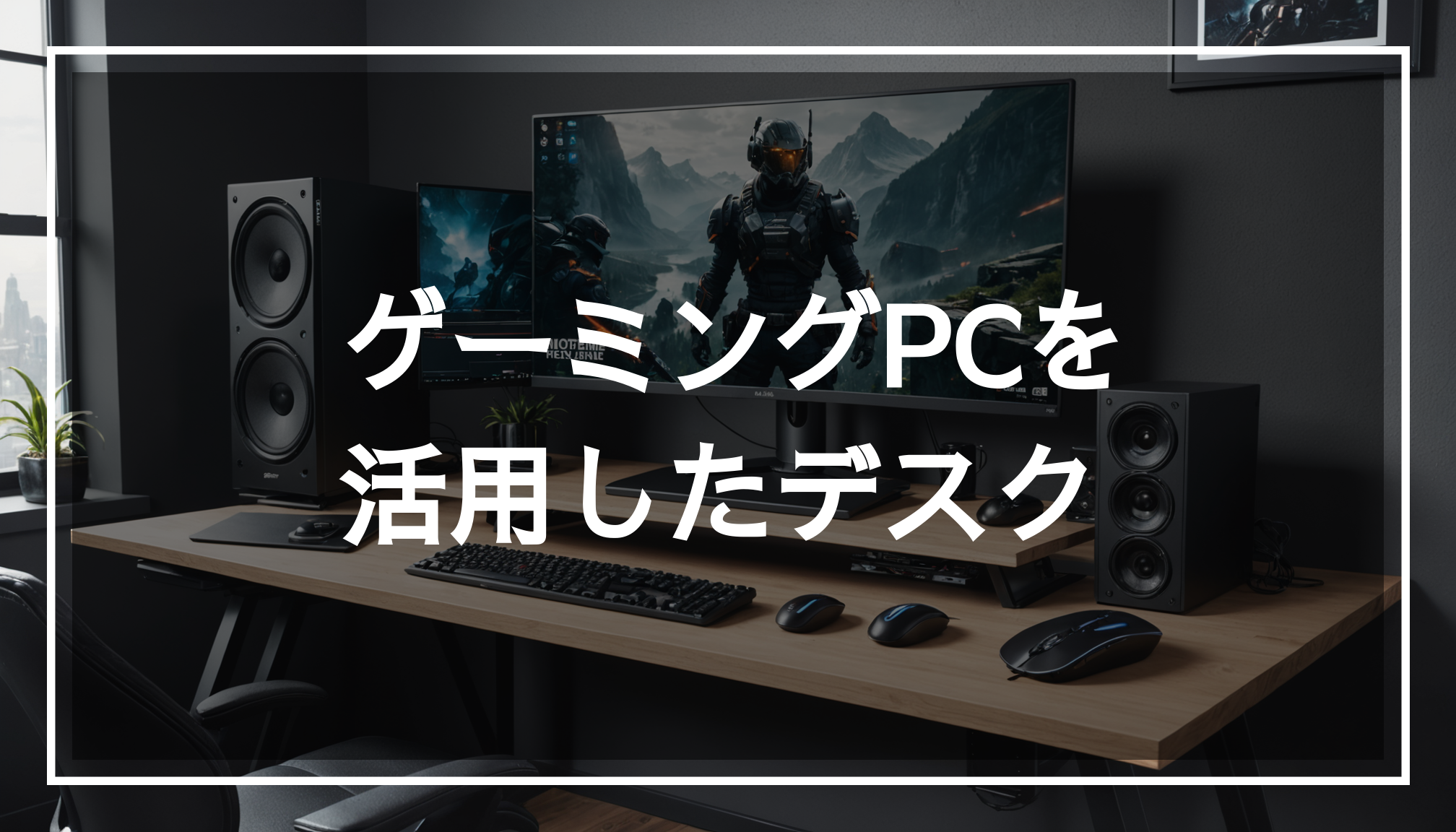 スタイリッシュなゲーミングPCのデスク周り。エルゴノミックなキーボードやマウス、スリムなモニターが整然と配置された快適な作業空間