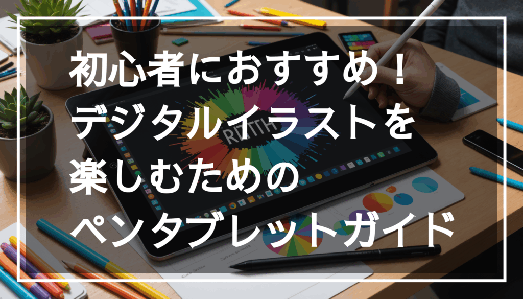 デジタルイラストを描くためのペンタブレットとスタイラスが置かれたアートな作業スペースの写真。初心者にもおすすめの使いやすい環境です。