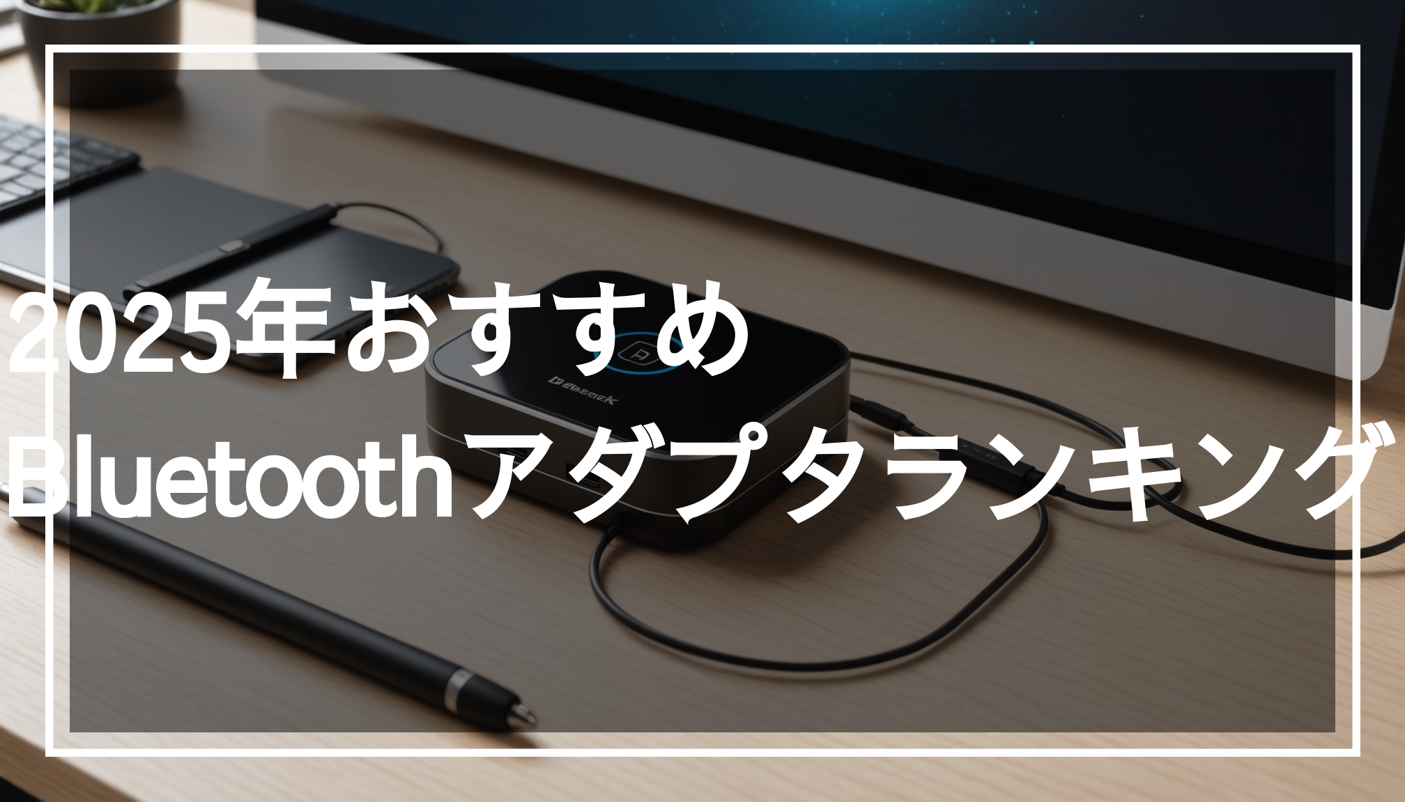 モダンなBluetoothアダプタが洗練されたデスク上に置かれ、背景には接続を強調するテクノロジーの雰囲気が漂う様子。