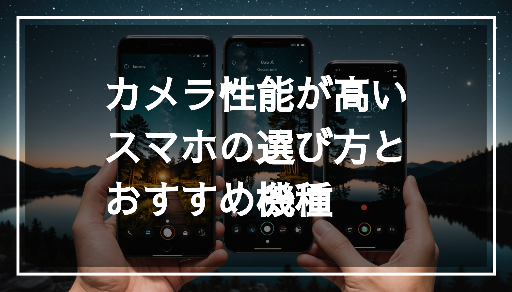 高画質のスマホカメラの選び方を紹介し、自然や友人、夜景の鮮やかな写真を中心にデザインされた画像。
