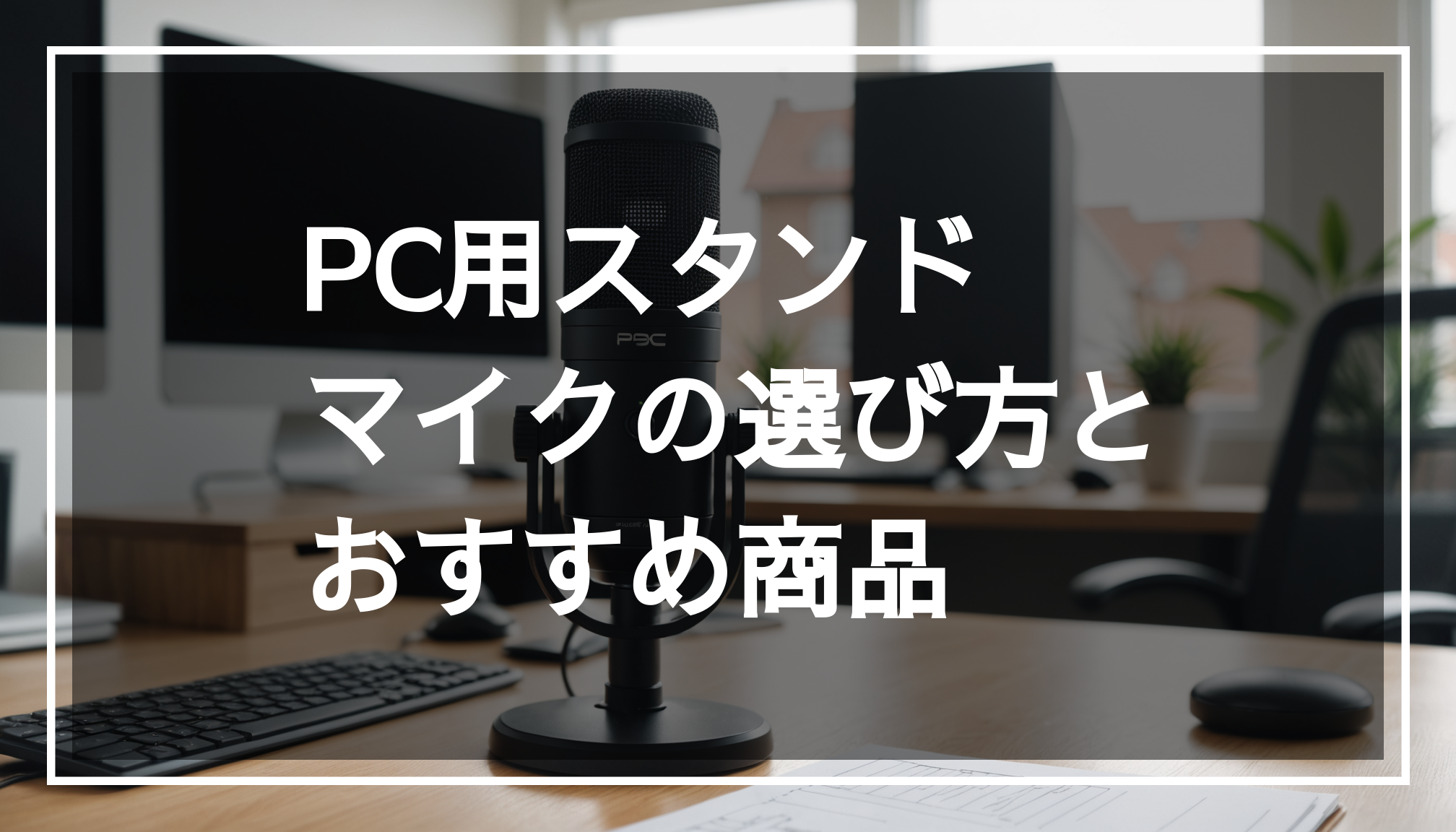 デスクに設置されたプロフェッショナルなPCスタンドマイクの写真。クリアな音質を提供するUSB接続の単一指向性マイクが、ホームオフィスの現代的なデザインを引き立てています。