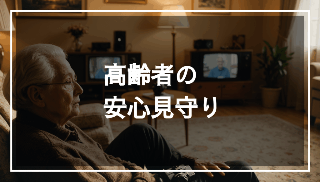 高齢者が快適なリビングでくつろいでいる様子。背後には見守りカメラが設置され、安心感のある温かい雰囲気が漂っています。