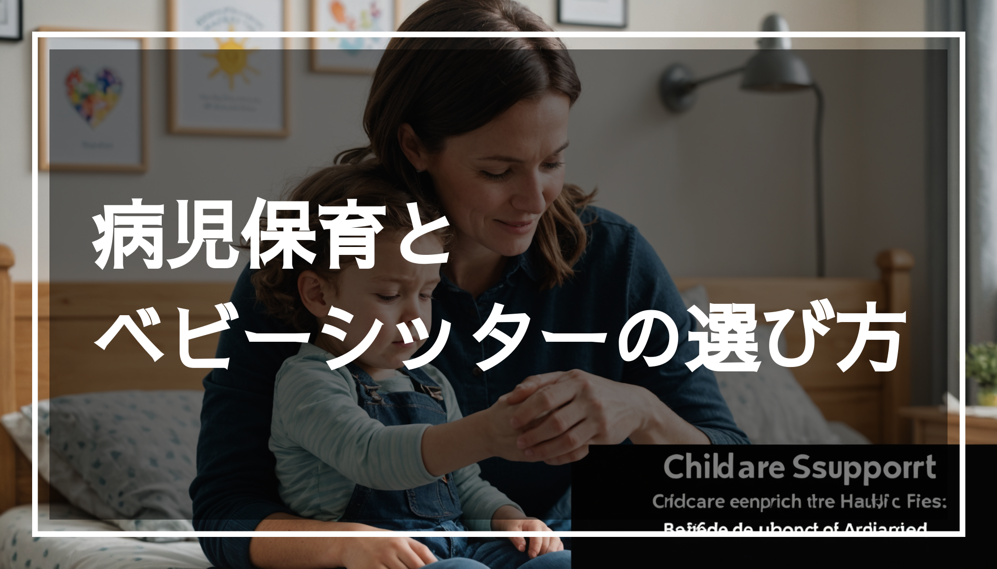 病児保育のシーンで、体調不良のお子さまを優しく見守るベビーシッターの姿が描かれ、安心感のある環境が表現されています。