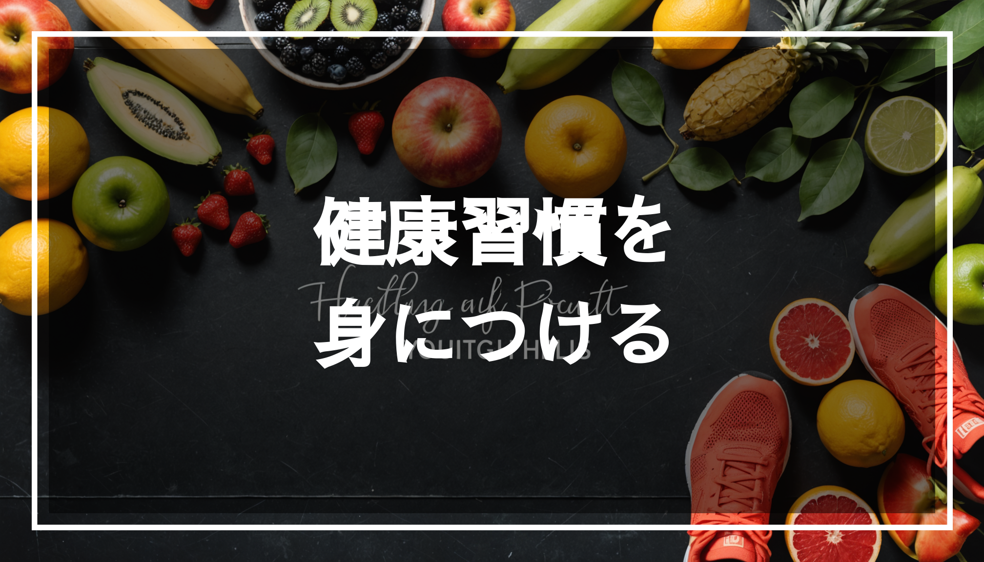 新鮮な果物、ヨガマット、ランニングシューズが配置された穏やかな屋外の風景。健康習慣や運動を象徴する要素が描かれています。