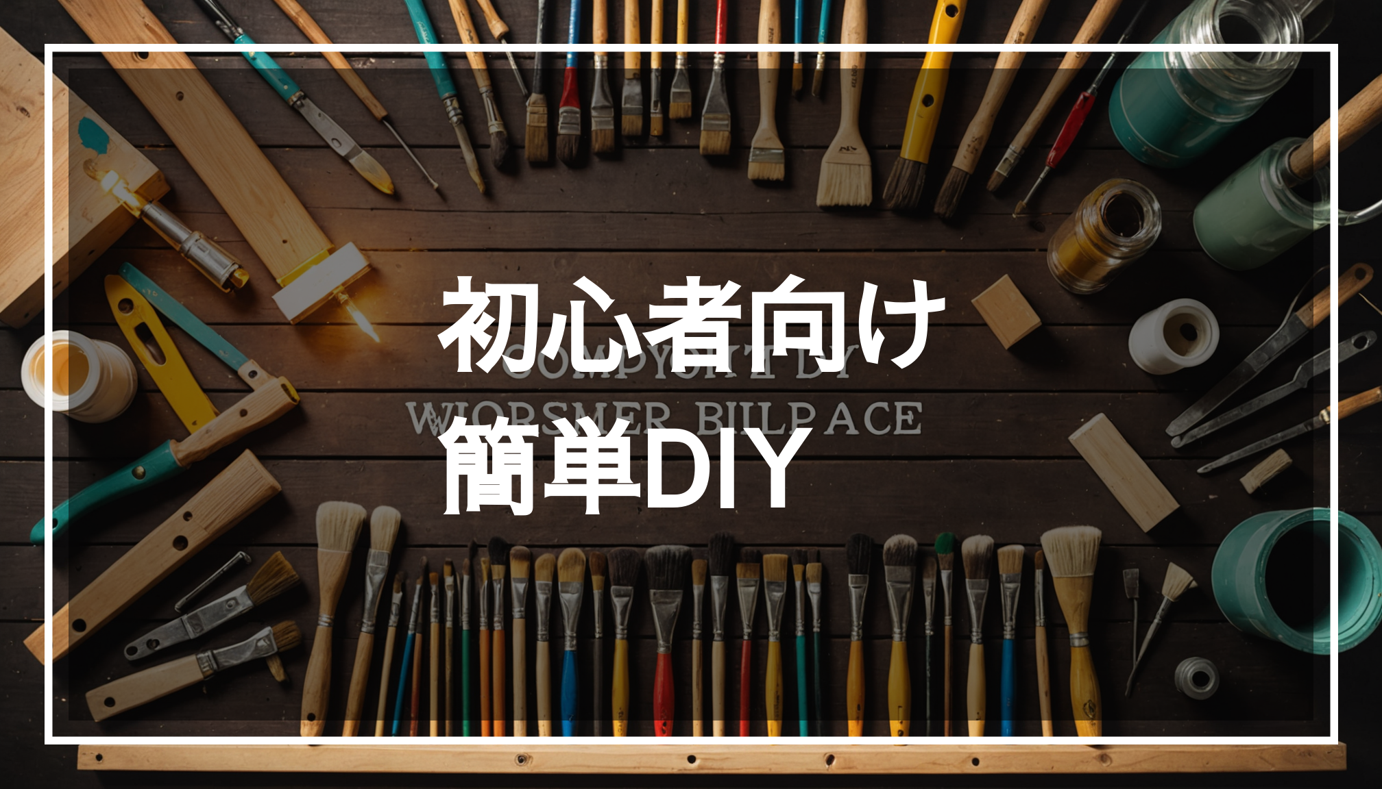 温かみのある光に包まれたDIY作業スペースの写真。ハンマーや塗装用ブラシ、木材などの工具が並び、創造的で快適な雰囲気を演出しています