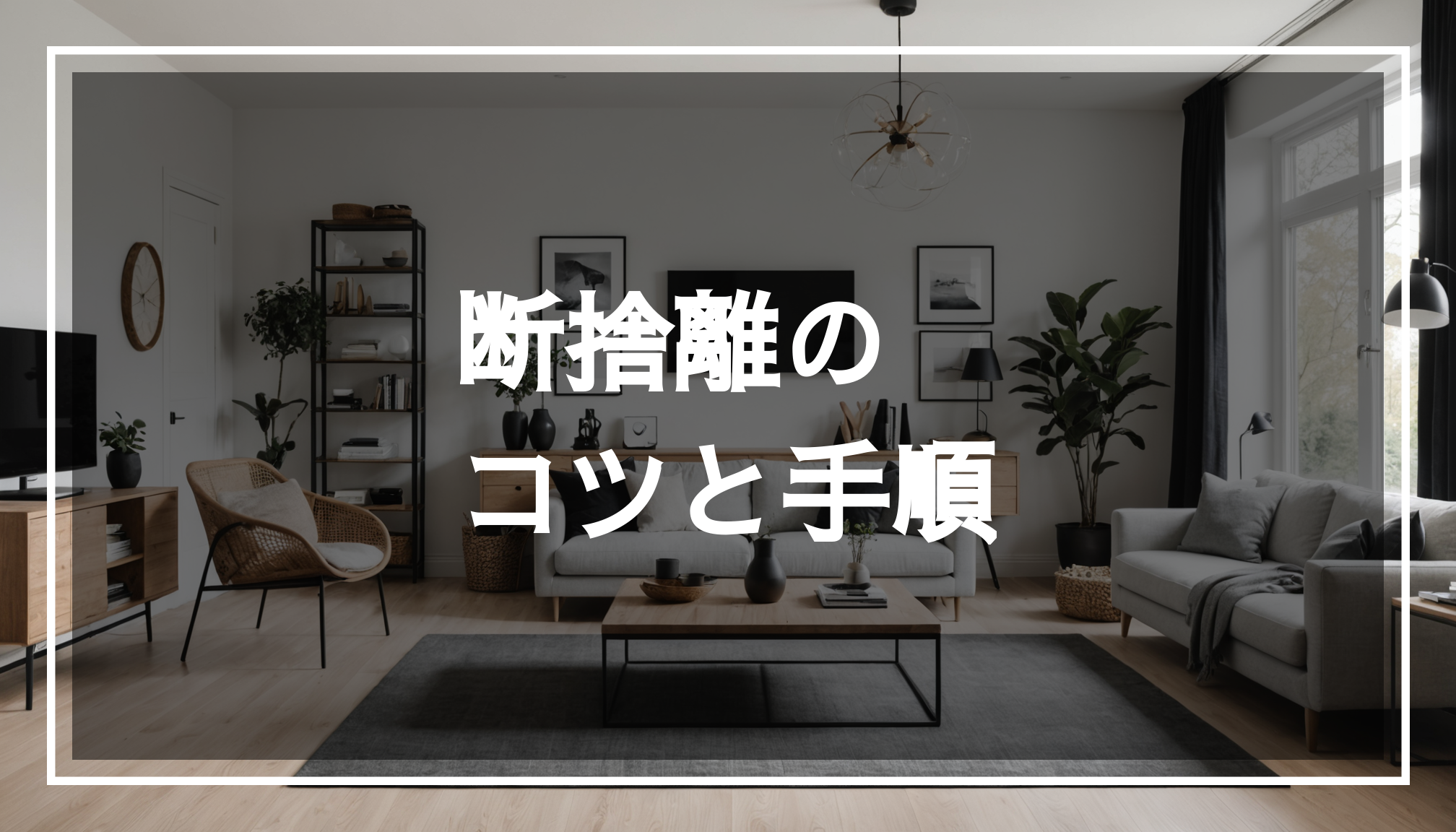 スッキリと整理されたリビングルームの写真。断捨離を進めることで不要な物を捨て、心地よい生活空間を作り出している様子。