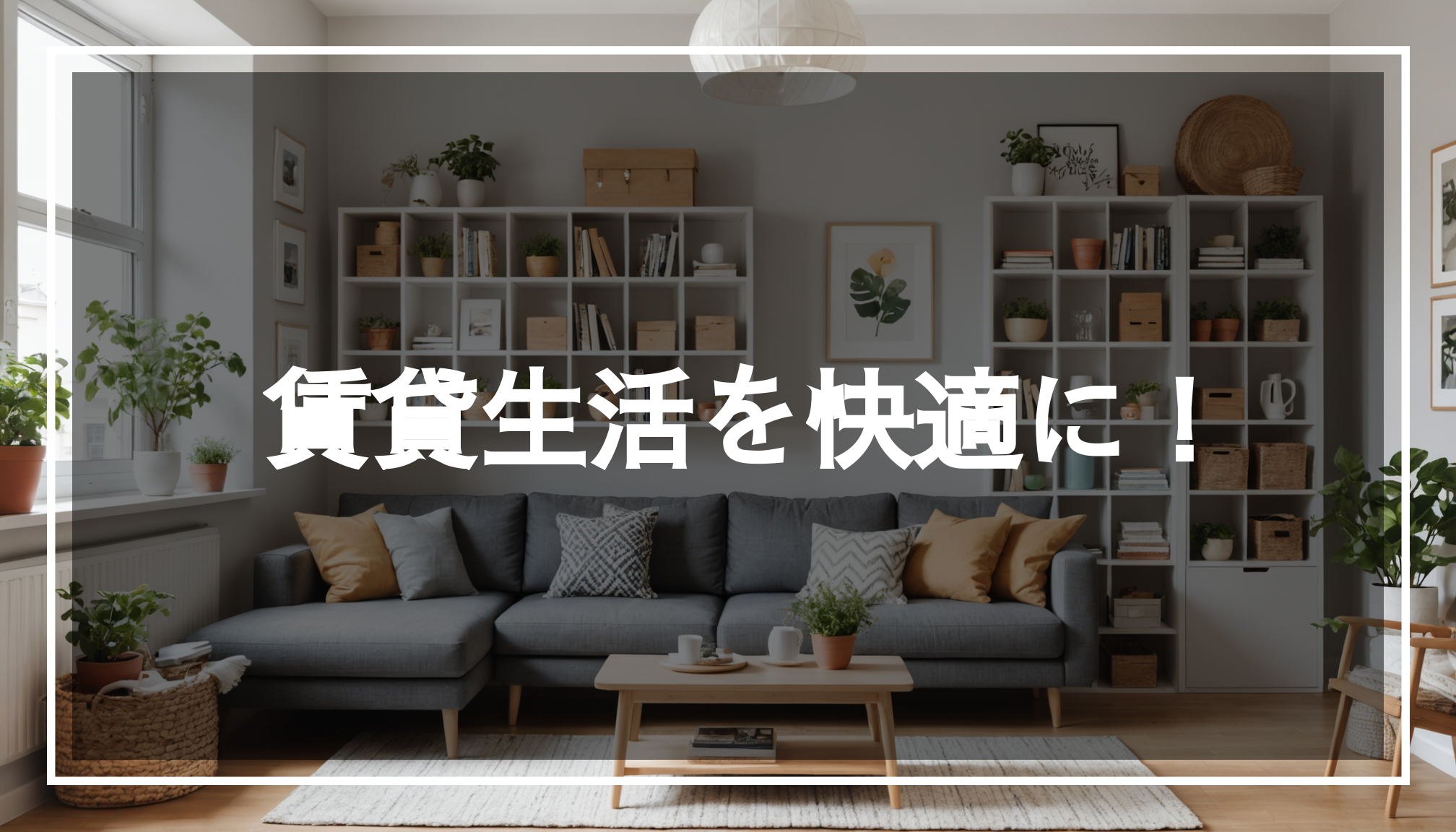 賃貸アパートの内部写真。使いやすい収納グッズやスタイリッシュな棚が配置され、明るく居心地の良い雰囲気の中で物を整理している様子。