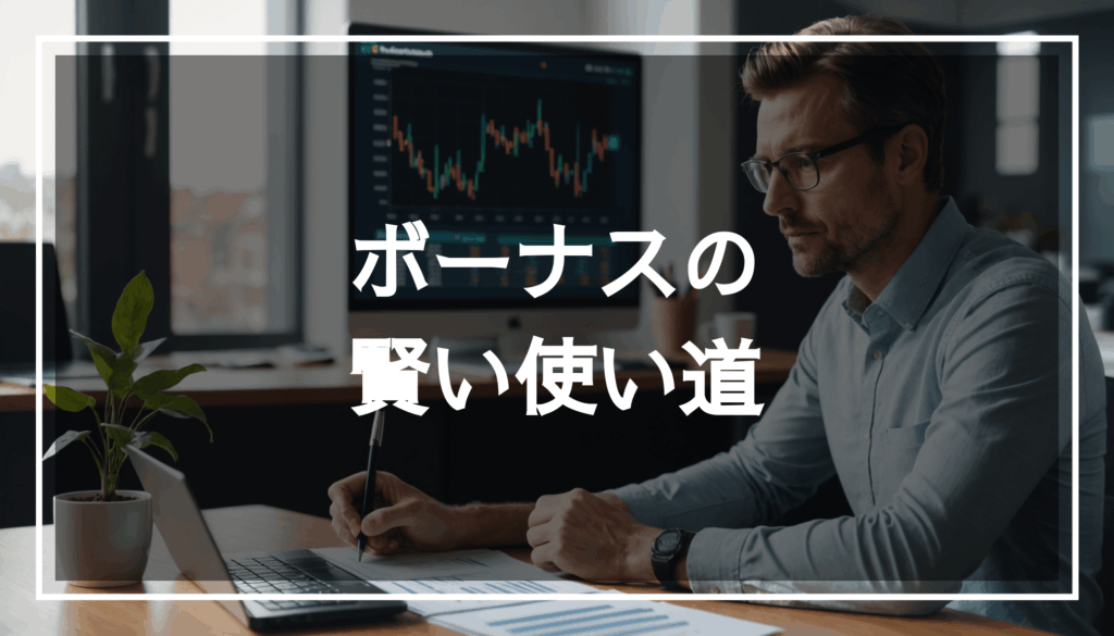 金融の選択肢を真剣に分析している人の写真。背景には貯蓄や投資の機会が示されており、ボーナスの使い道を考える様子が伝わる。