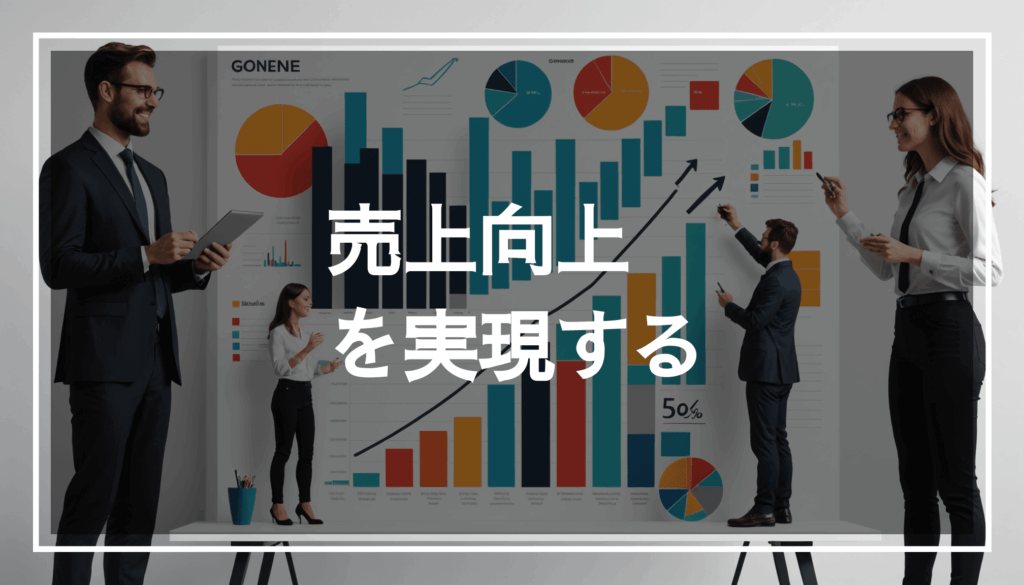 ビジネスの成長と売上戦略を表現した画像で、上昇するグラフや多様な顧客、活気ある作業空間が描かれています。顧客数や新規顧客の増加を目指す施策が強調されています。