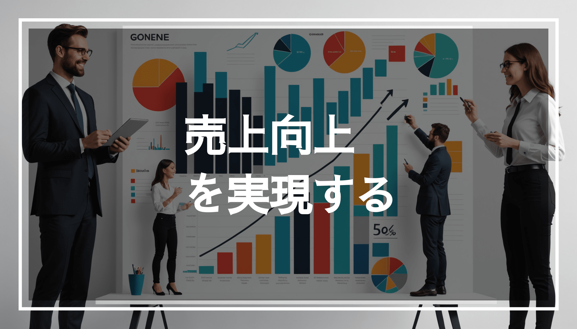 ビジネスの成長と売上戦略を表現した画像で、上昇するグラフや多様な顧客、活気ある作業空間が描かれています。顧客数や新規顧客の増加を目指す施策が強調されています。