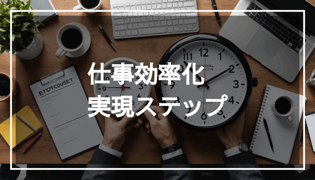 職場での仕事の効率化を象徴する画像。時計やチェックリスト、最新のツールが配置され、中央にはテキスト用の透明な黒帯があります。