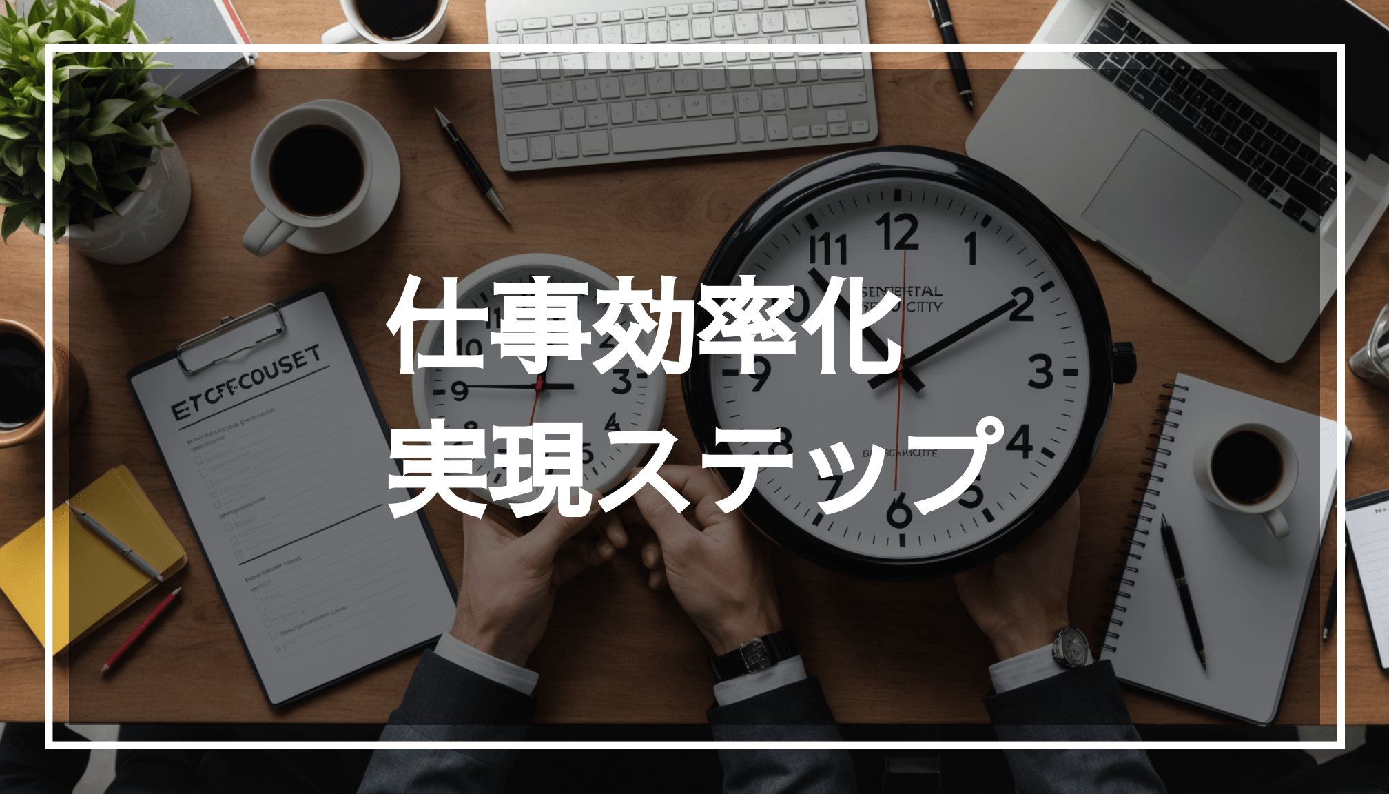 職場での仕事の効率化を象徴する画像。時計やチェックリスト、最新のツールが配置され、中央にはテキスト用の透明な黒帯があります。
