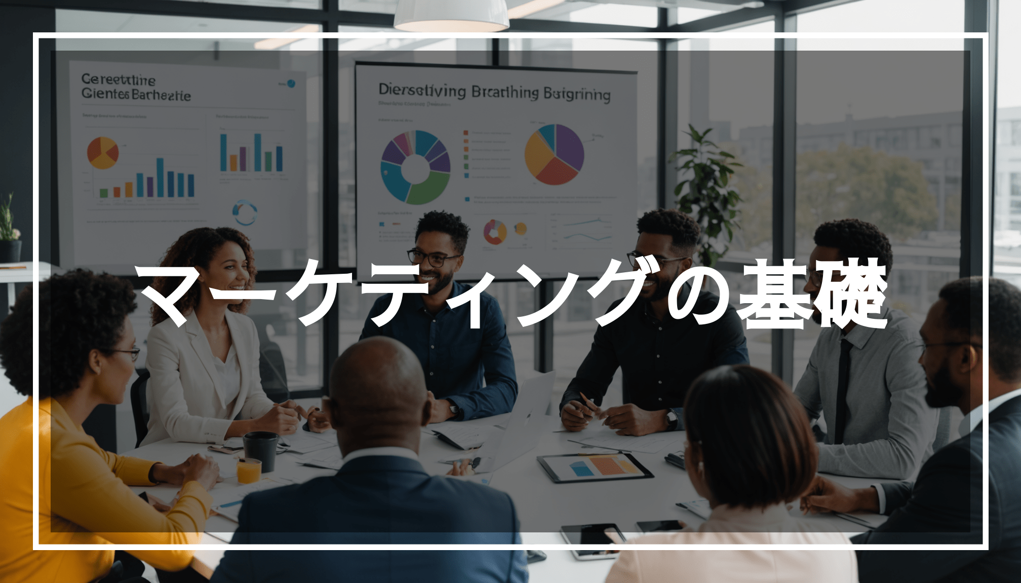 多様な人々が現代的なオフィスでマーケティングのブレインストーミングを行っている様子。顧客ニーズに基づいた戦略やサービスについて話し合っています。