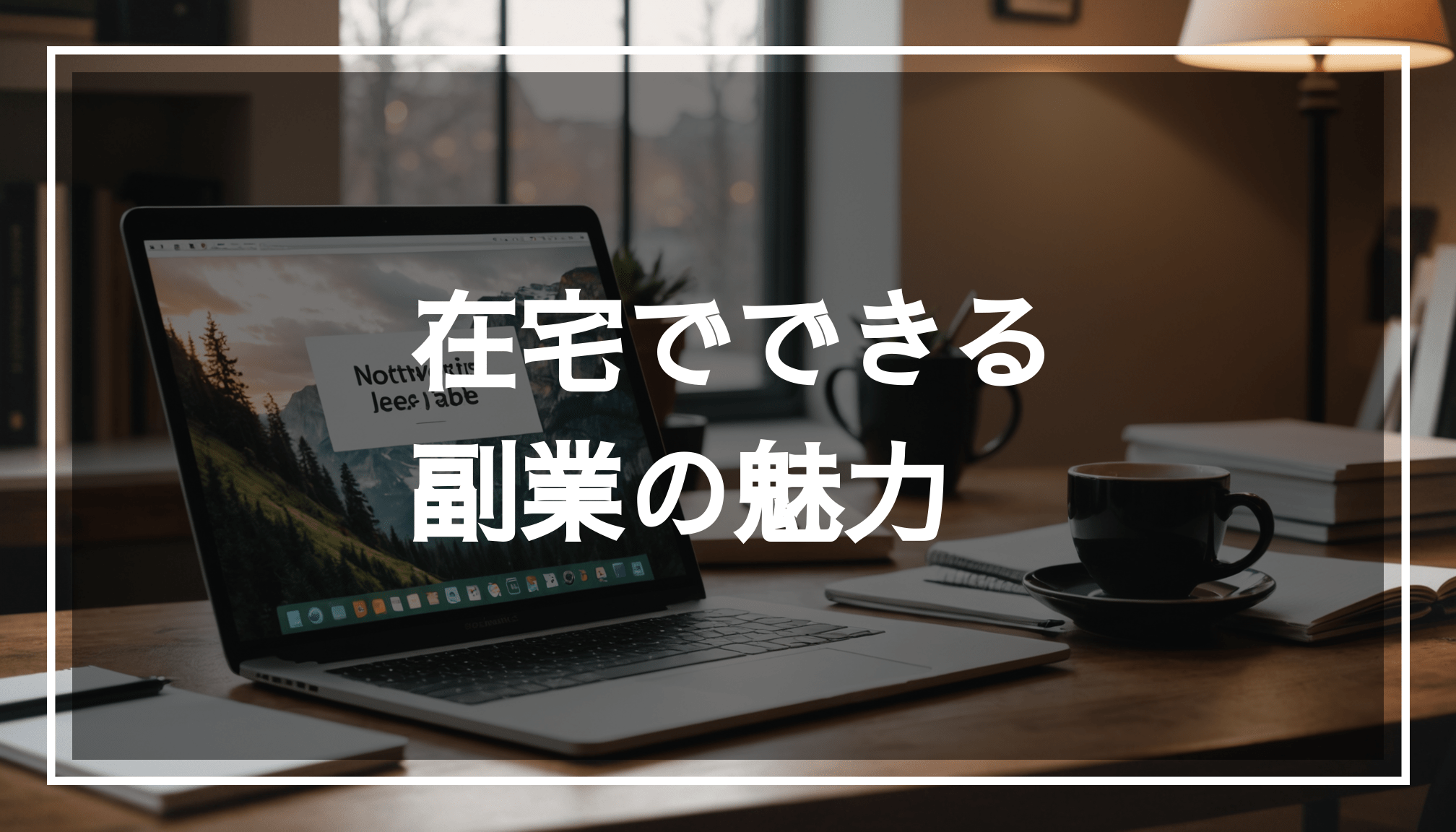 在宅での副業の魅力を表現した画像。快適なホームワークスペースにノートパソコンやコーヒーカップがあり、穏やかな雰囲気が漂っている。