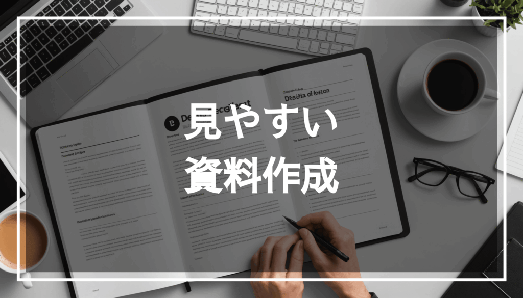 初心者向けの見やすい資料作成のコツを示す画像。シンプルで整理されたデザインやレイアウトが特徴