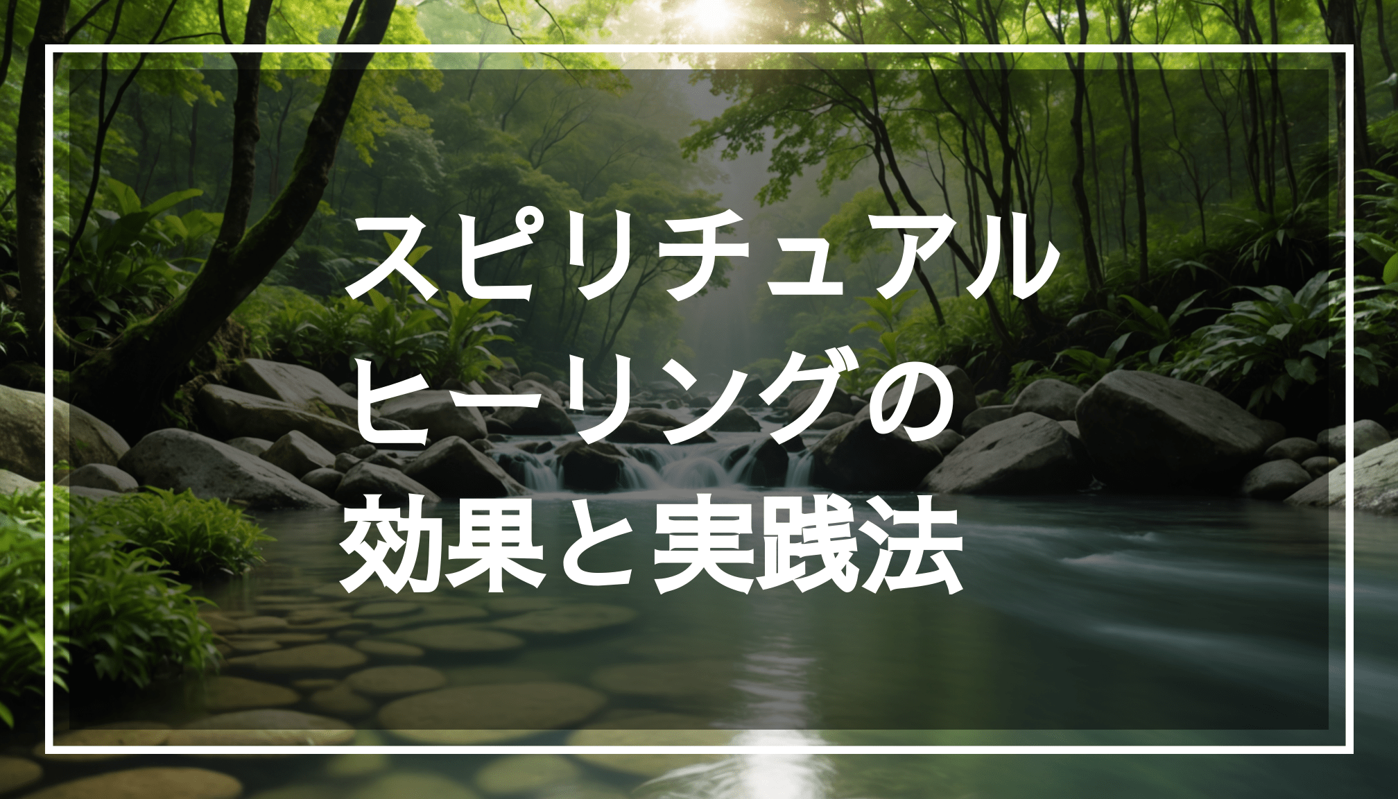 穏やかな自然の中で、流れる水や緑豊かな植物が癒しを与えるスピリチュアルなシーン。心身のストレスを和らげるヒーリング効果を感じられる。