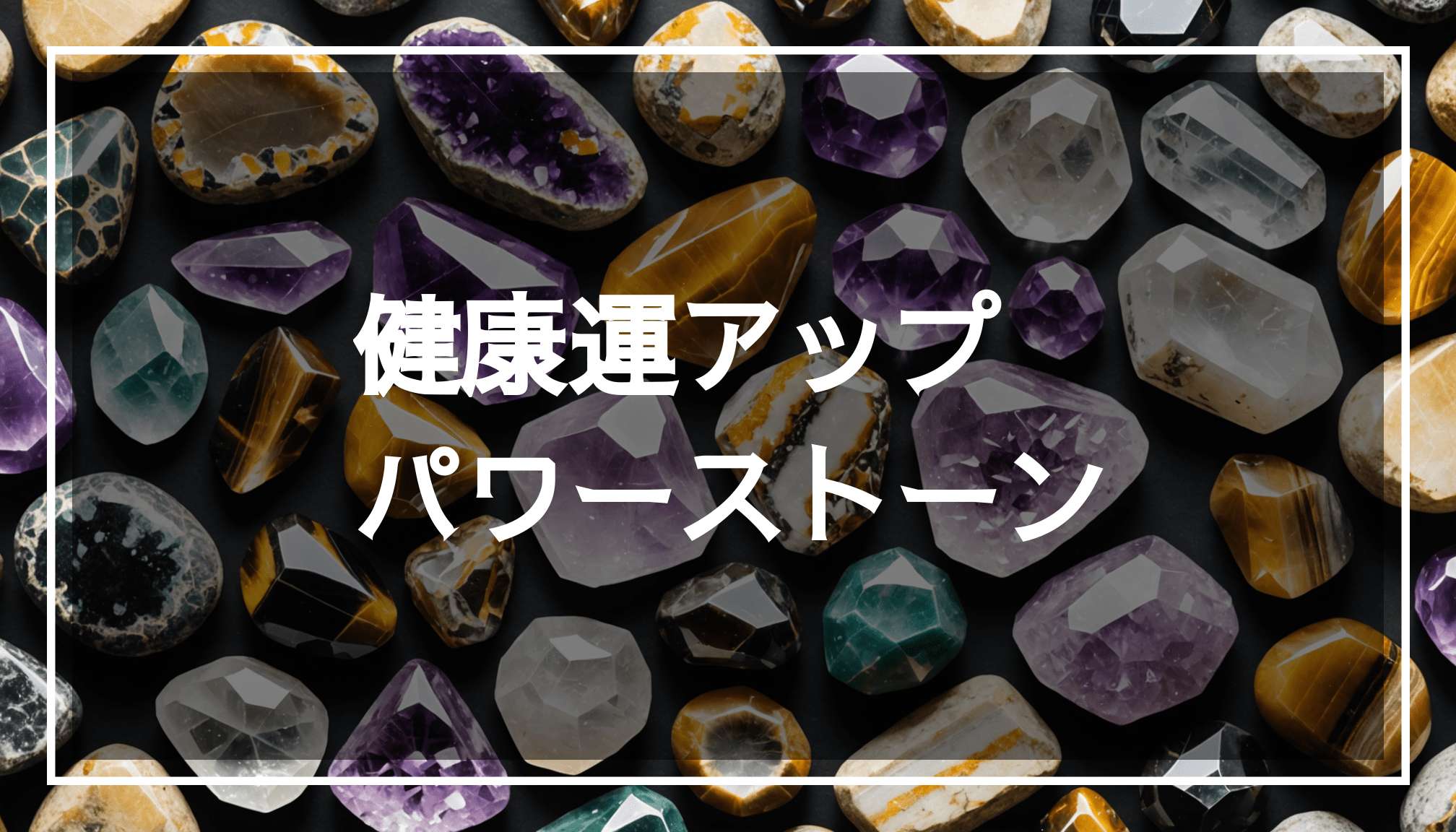 パワーストーンのアメジストやクォーツ、タイガーアイが自然石の背景に美しく配置された写真。健康運や免疫力を整える効果が期待できるアイテムです。