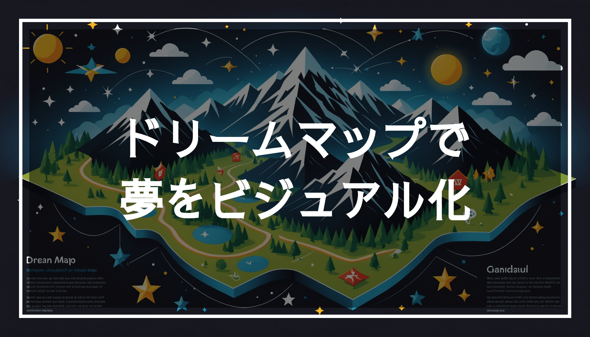 目標や夢を表現したドリームマップのイラスト。山や星、道のシンボルが描かれ、自分の思いをビジュアル化するための透明な黒帯が中央にあります。