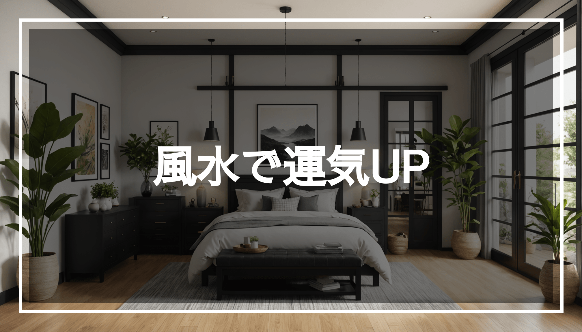 風水を取り入れた調和のある家のインテリア。整理整頓された玄関、寝室、キッチンに植物とバランスの取れた色合いが特徴。